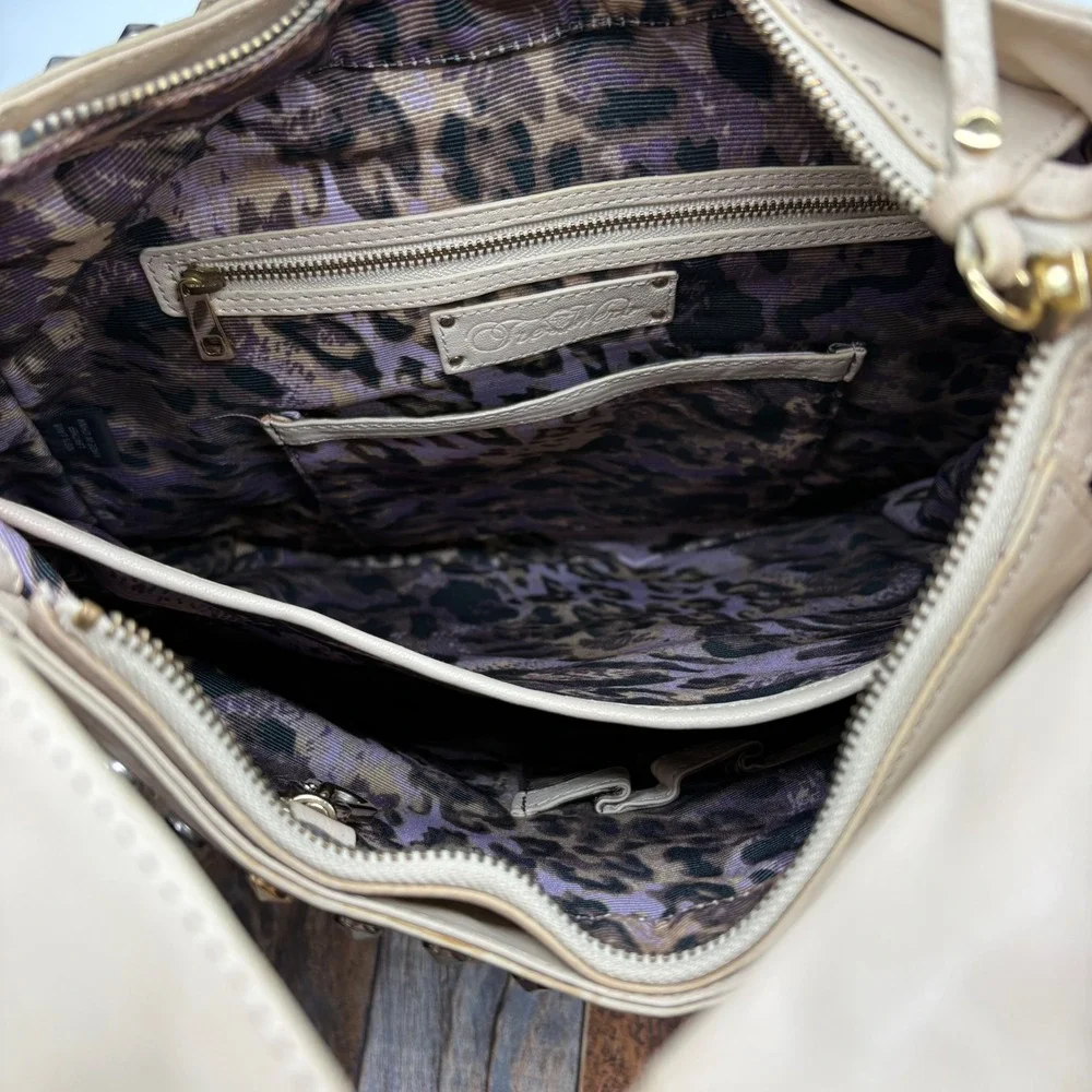 Tre Vero Cream Leather Studded Hobo Bag Mixed Metal Chain Strap Shoulder Bag